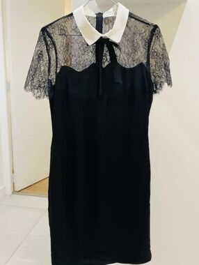 [Sandro] Renee Black Lace Mini Dress w/ White Collar Ribbon Sz Small